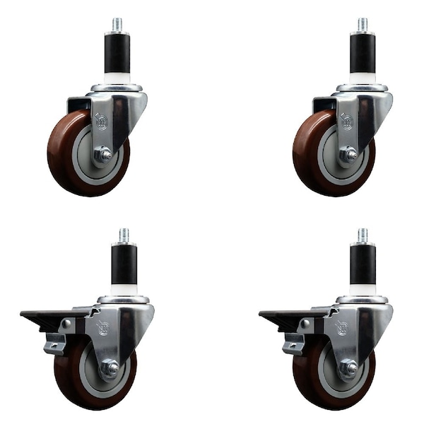 Service Caster 3.5'' Maroon Poly Wheel Swivel 1-3/8'' Expanding Stem Caster Set 2 Brakes, 4PK SCC-EX20S3514-PPUB-MRN-2-PLB-2-138 - main